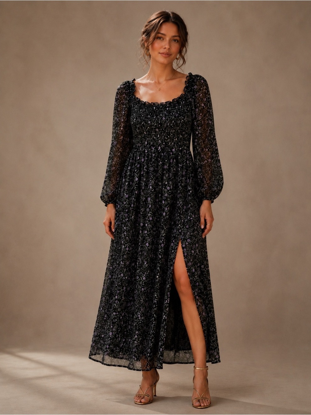 ASTR The Label | Black Purple Floral Smocked Long Sleeve Midi Dress - Size XL